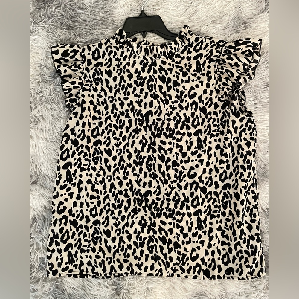 Shein ~ Cap Sleeve Ruffled Mock Neck Blouse Black/Cream Animal Print XL